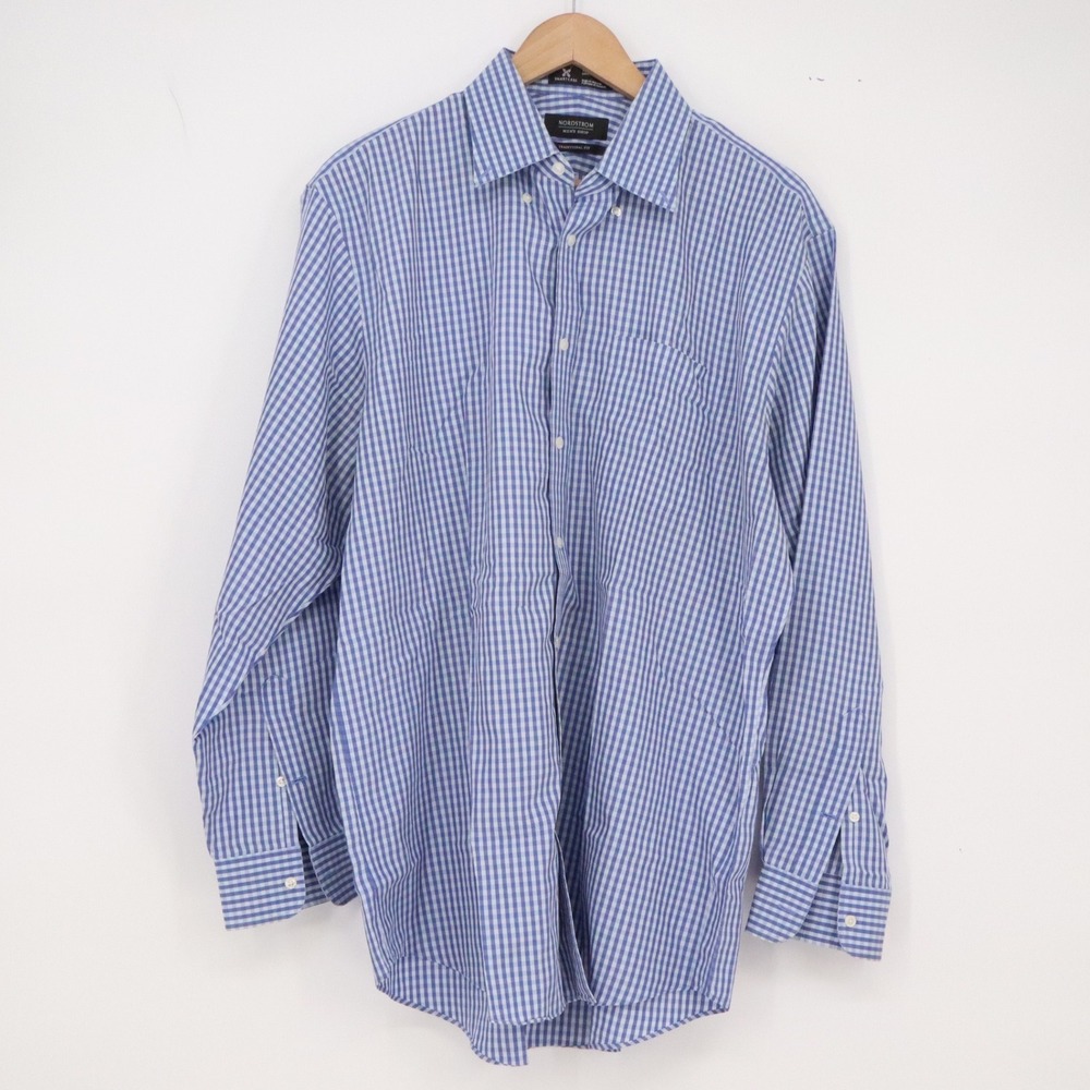 Nordstrom Button-down Mens 16.5-34 Traditional Fit Blue Gingham Check Excellent